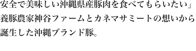 安全で美味しい沖縄県産豚肉を食べてもらいたい」養豚農家神谷ファームとカネマサミートの想いから誕生した沖縄ブランド豚。
        